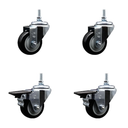 Service Caster 3 Inch Black Polyurethane 38 Inch Threaded Stem Caster Set 2 Brakes SCC SCC-TS20S314-PPUB-BLK-381615-2-PLB-2